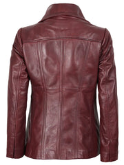 Women's Real Leather Burgundy Blazer with Three Button