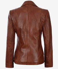 Women's Two Button Cognac Leather Blazer