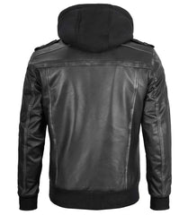 Men's Bomber Dark Grey Leather Jacket with Removable Hood