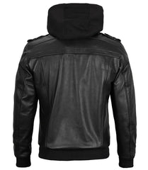 Edinburgh Mens Black Bomber Leather Jacket With Removable Hood