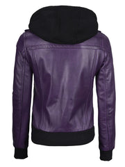 Women's Purple Real Leather Jacket with Removable Hood