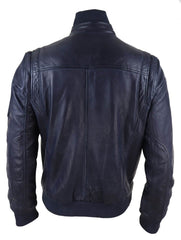 Real Leather Autumn Jacket with High Neck for Mens - Navy Color