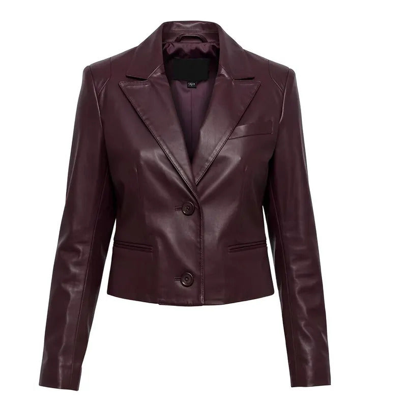 Women’s Burgundy Cropped Leather Jacket Handmade Cowhide Blazer