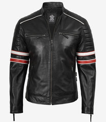 Men’s Black Cafe Racer Leather Jacket with Red & White Stripes