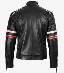 Men’s Black Cafe Racer Leather Jacket with Red & White Stripes