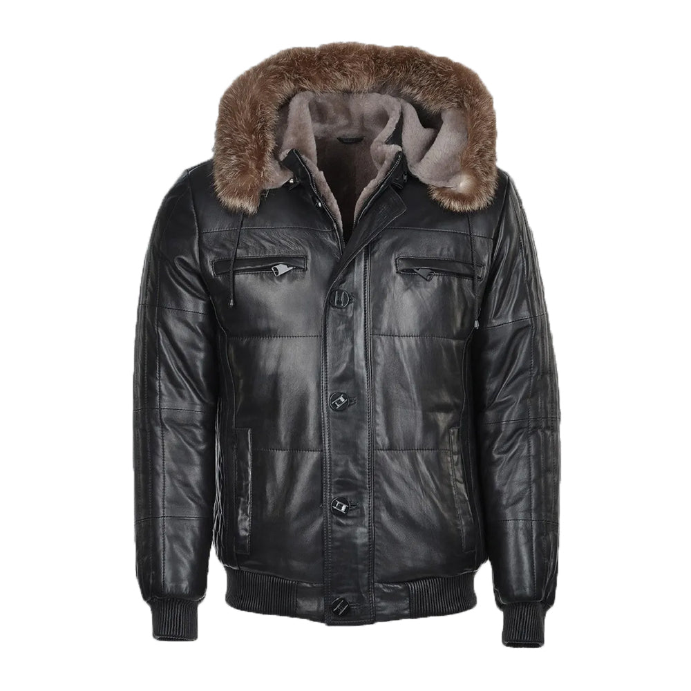 Carter Mens Black Bomber Fur Hooded Leather Jacket