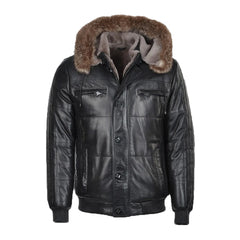 Carter Mens Black Bomber Fur Hooded Leather Jacket