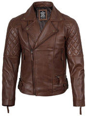 Mens Dark Brown Quilted Asymmetrical Leather Biker Style Jacket