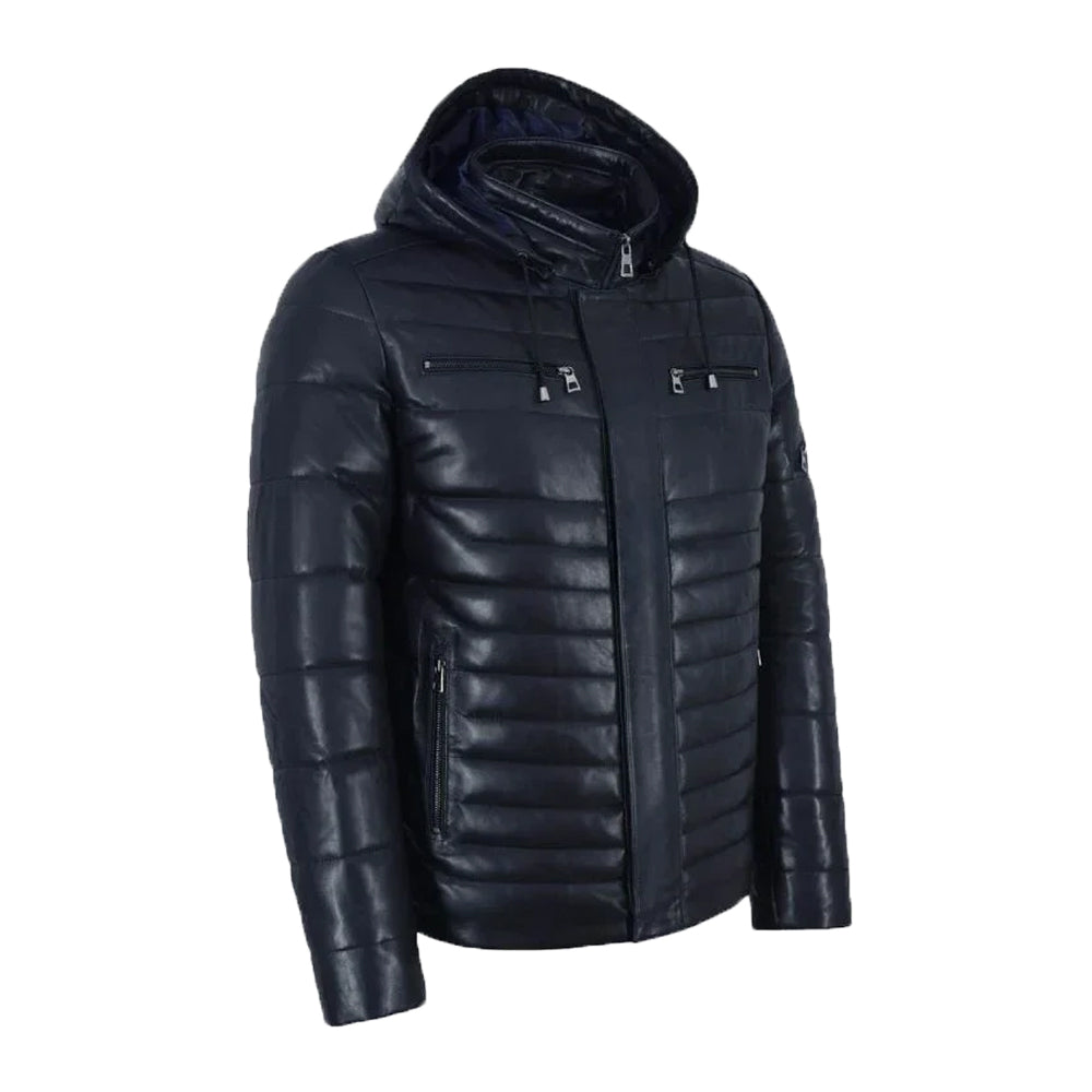 Hooded Leather Puffer Padded Jacket Navy