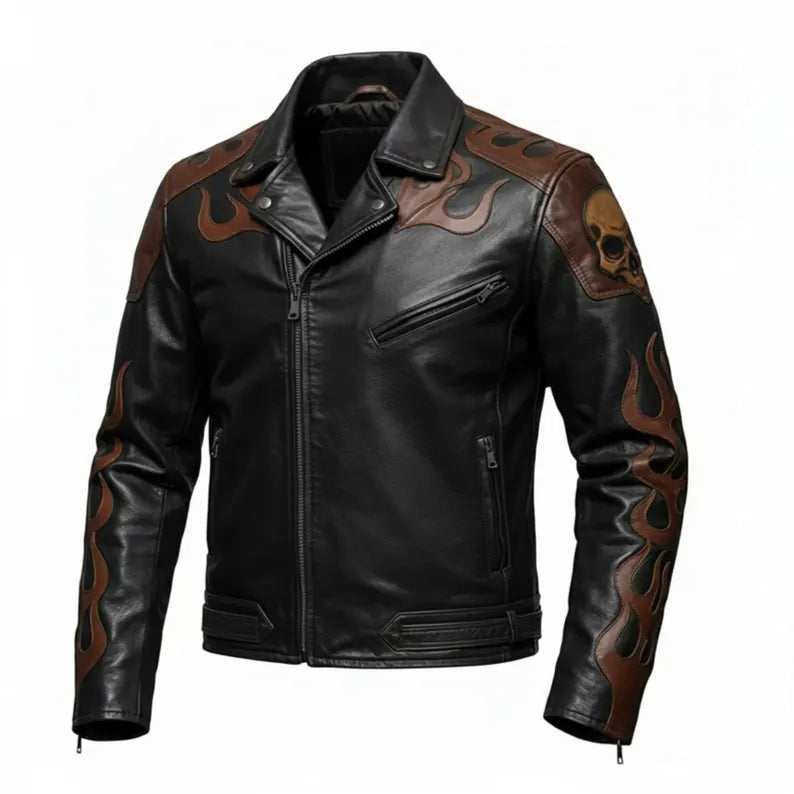 Men’s Skull Flame Leather Jacket Handmade Biker Coat Punk Rock Motorcycle Cowhide Back Style