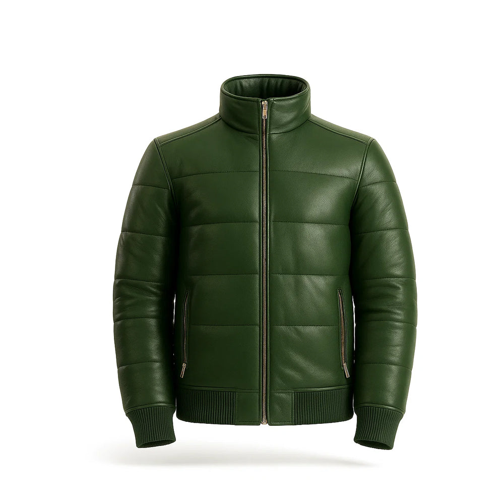 Maven Bomber Puffer Leather Jacket Green