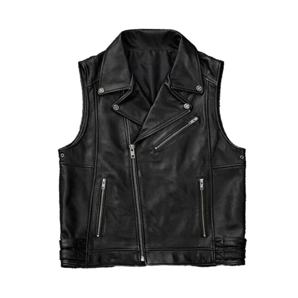 Men’s Black Biker Zipper Leather Vest