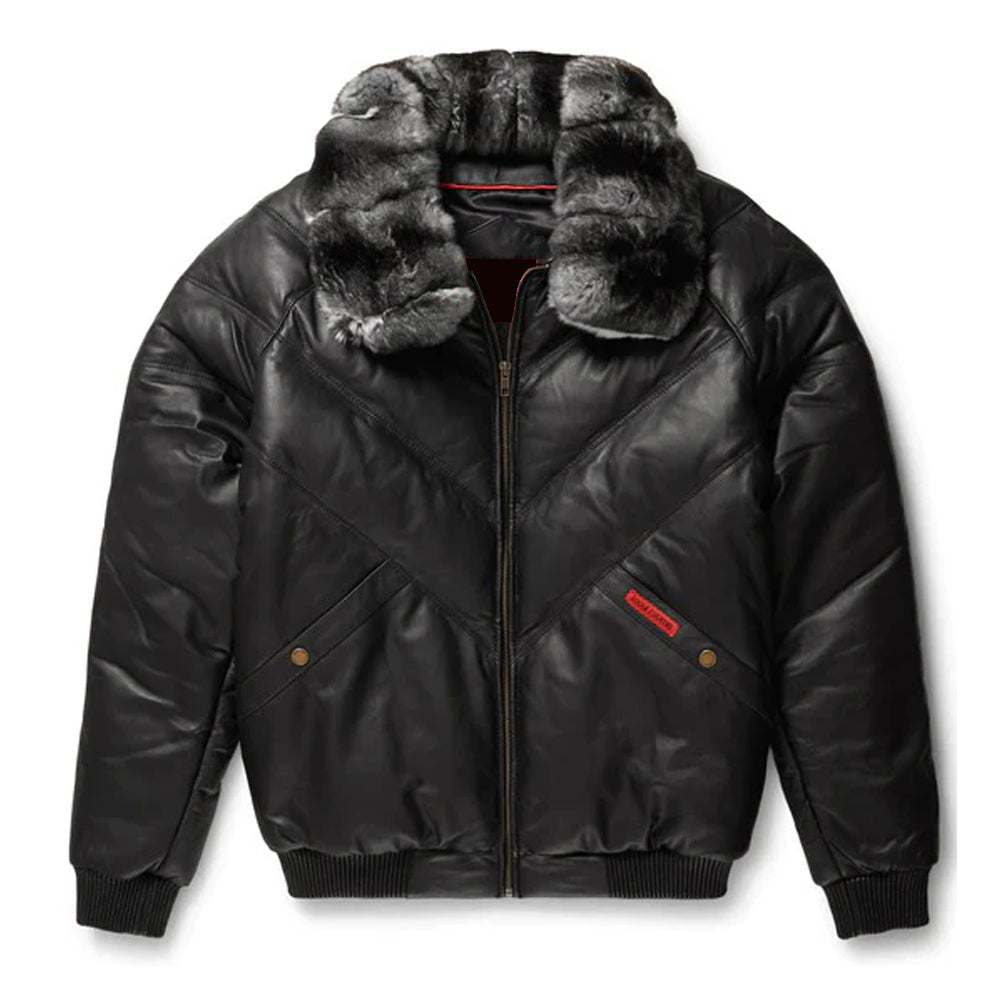 Men's Black Leather Puffer Jacket