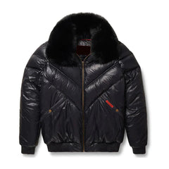 Men's Black Leather V-Bomber Jacket