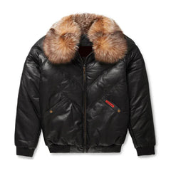 Men's Black Leather V-Bomber Jacket with Crystal Faux Fur