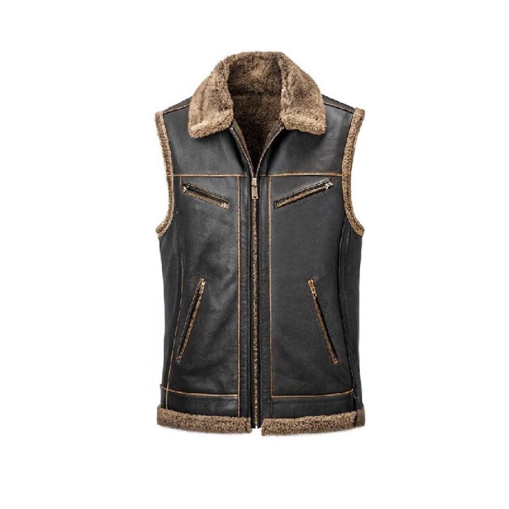 Men’s Black Vest With Brown Shearling Lining – Gilet with Zipper Pockets