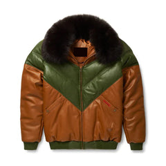 Men's Brown & Green Leather V-Puffer Jacket