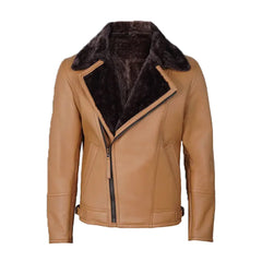 Men's Camel Brown Shearling Leather Moto Jacket