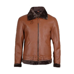 Men's Cognac Leather Shearling Bomber Jacket