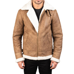 Men’s Fur Collar Distressed Brown Leather Bomber Jacket