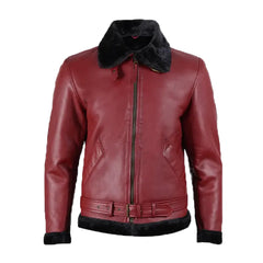 Men's Maroon Leather Shearling Bomber Jacket