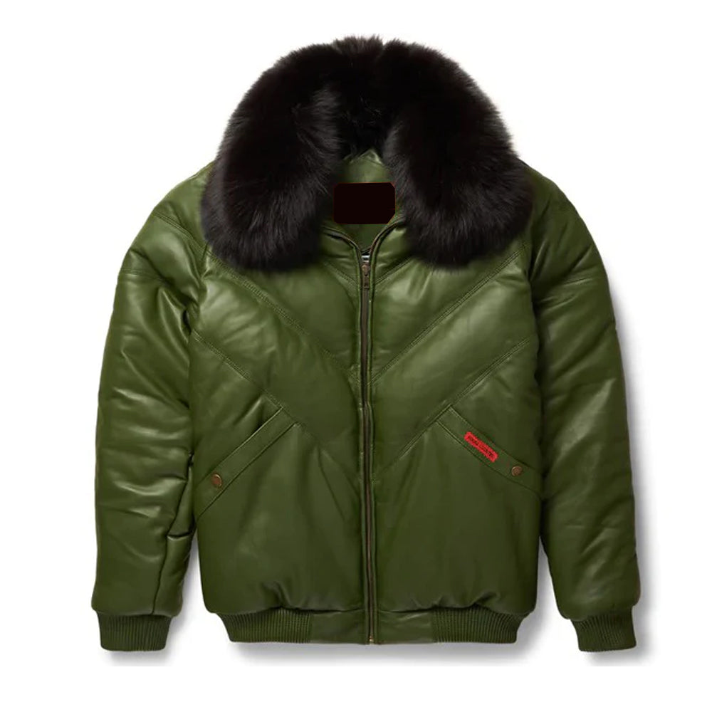 Men's Olive Leather V-Puffer Jacket