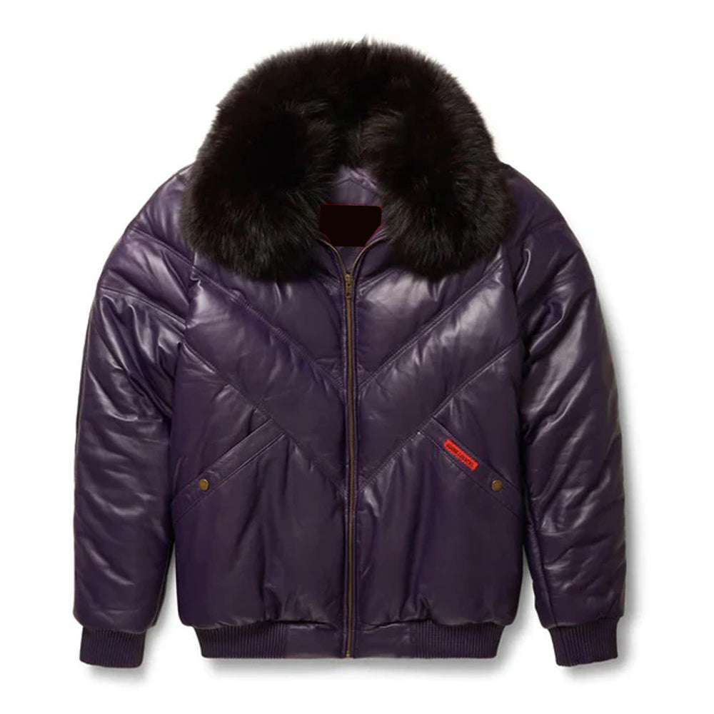 Men's Purple Leather V- Puffer Jakcet