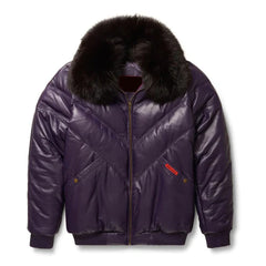 Men's Purple Leather V- Puffer Jakcet
