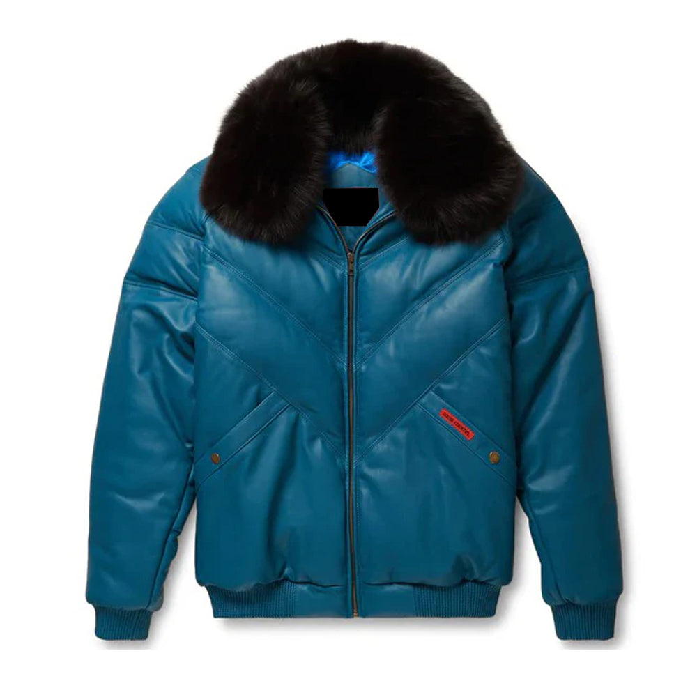 Men's Teal Leather V-Bomber Jacket