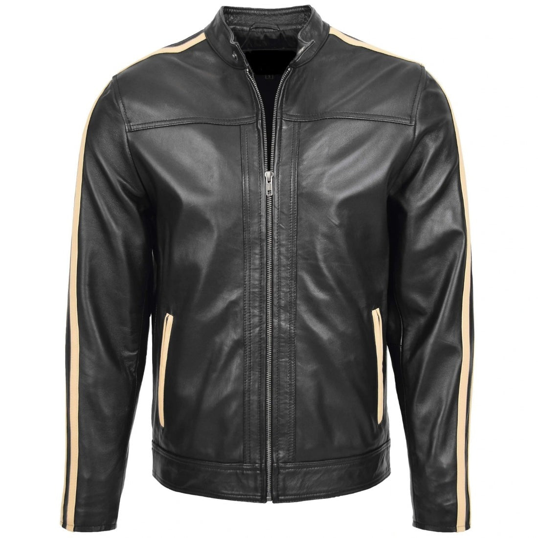 Men’s Black Leather Jacket with White Stripes