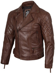 Mens Dark Brown Quilted Asymmetrical Leather Biker Style Jacket