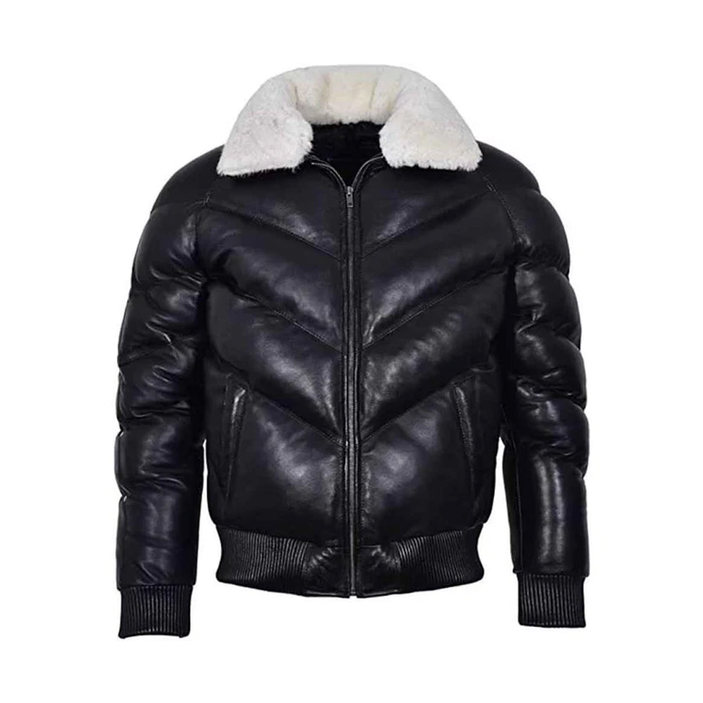 Mens Military Style Puffer Leather Jacket Black