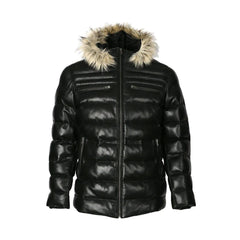 Mens Puffer Leather Jacket In Black With Fur Hoodie