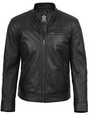 Mens Black Cafe Racer Style Real Leather Jacket