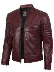 Mens Burgundy Cafe Racer Style Leather Jacket