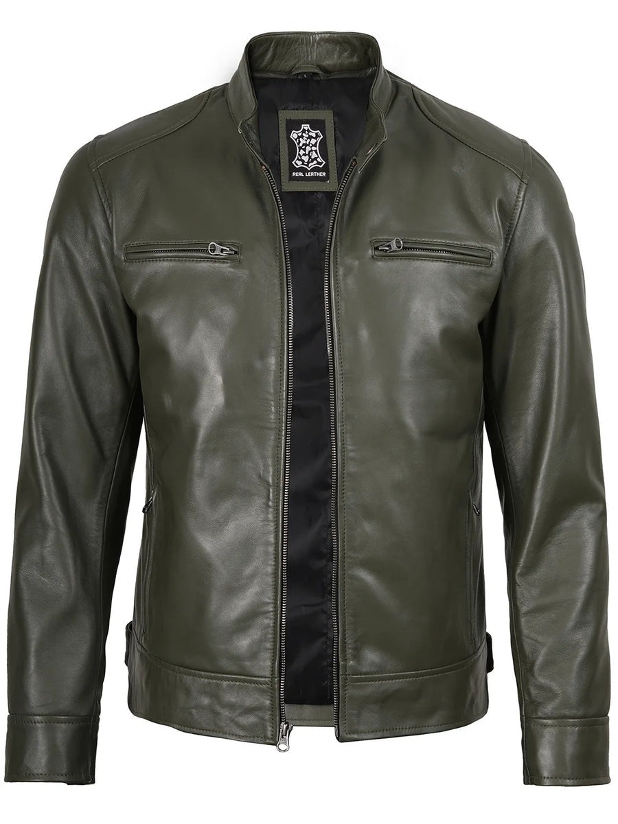 Real Leather Men's Green Cafe Racer Jacket