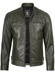 Real Leather Men's Green Cafe Racer Jacket