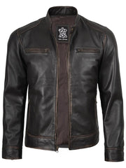 Men's Rub-Off Dark Brown Cafe Racer Style Leather Jacket