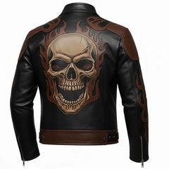 Men’s Skull Flame Leather Jacket Handmade Biker Coat Punk Rock Motorcycle Cowhide Back Style