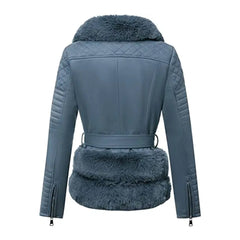 Women Blue Quilted Fur Leather Jacket