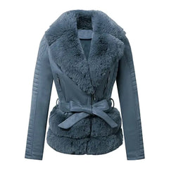Women Blue Quilted Fur Leather Jacket
