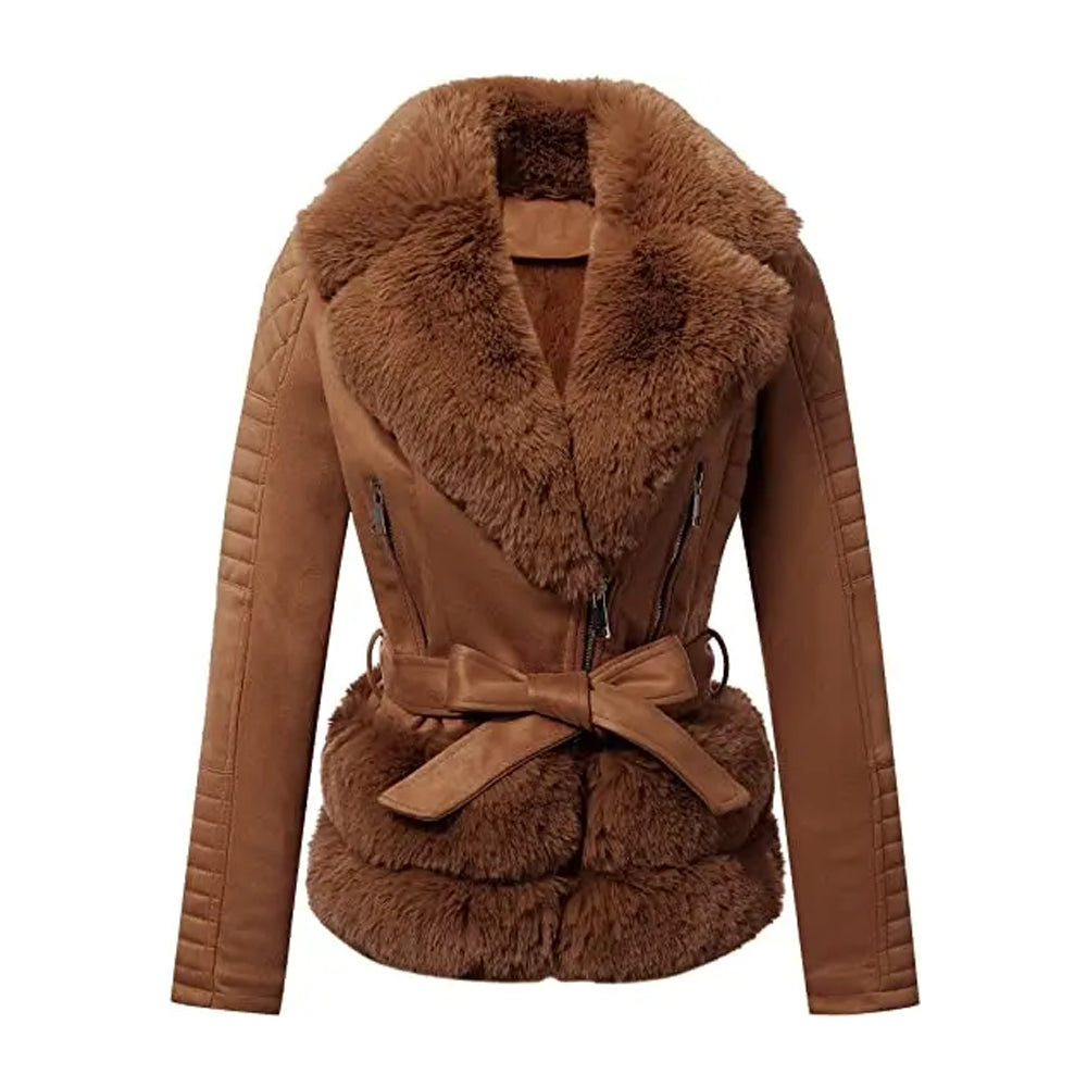 Women Brown Quilted Fur Leather Jacket