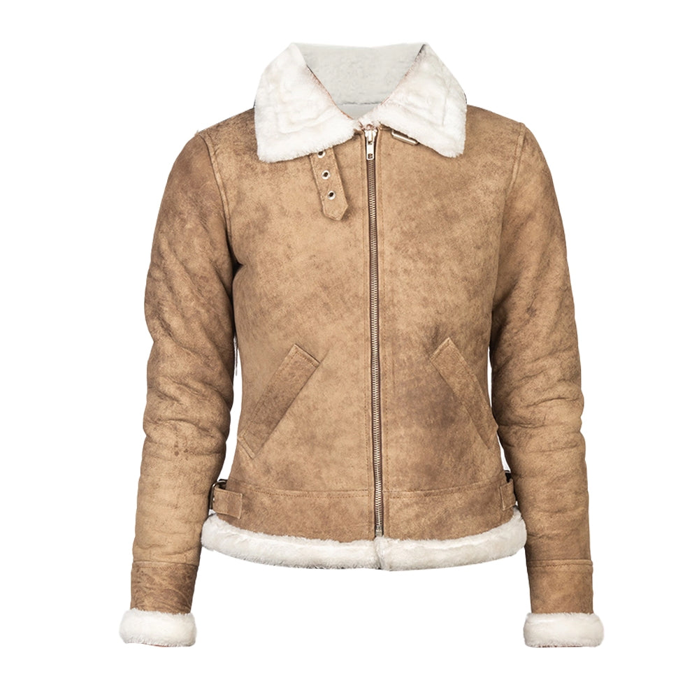 Women White Shearling B-3 Leather Bomber Distressed Beige Jacket