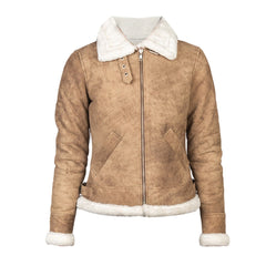 Women White Shearling B-3 Leather Bomber Distressed Beige Jacket