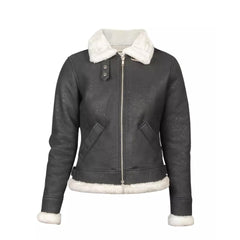 Women White Shearling Fur Leather Bomber Grey Jacket