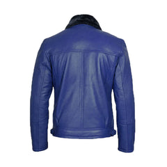 Men's Blue Leather Shearling Moto Jacket