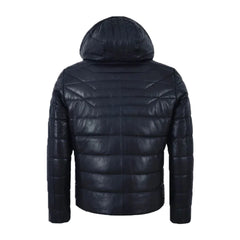Hooded Leather Puffer Padded Jacket Navy