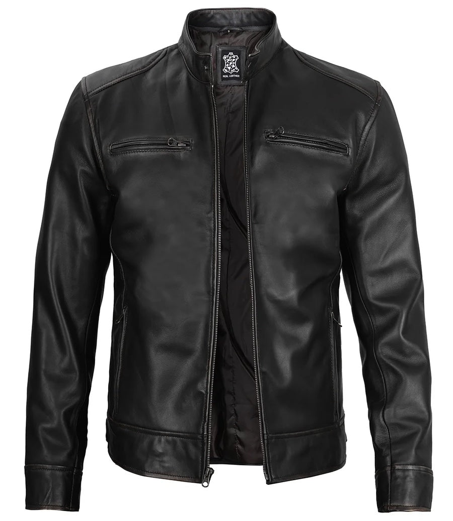 Real Leather Men's Black Cafe Racer Jacket