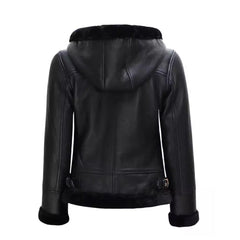 Women’s Black Shearling Leather Jacket With Hood