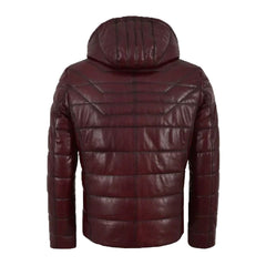 Hooded Leather Puffer Padded Jacket Cherry